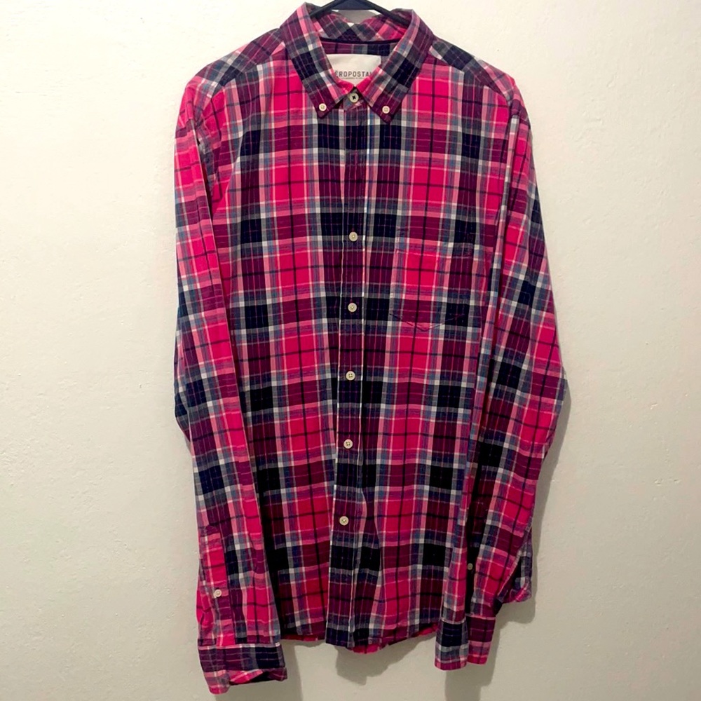 Aeropostale Pink Black Plaid Long Sleeve Shirt M